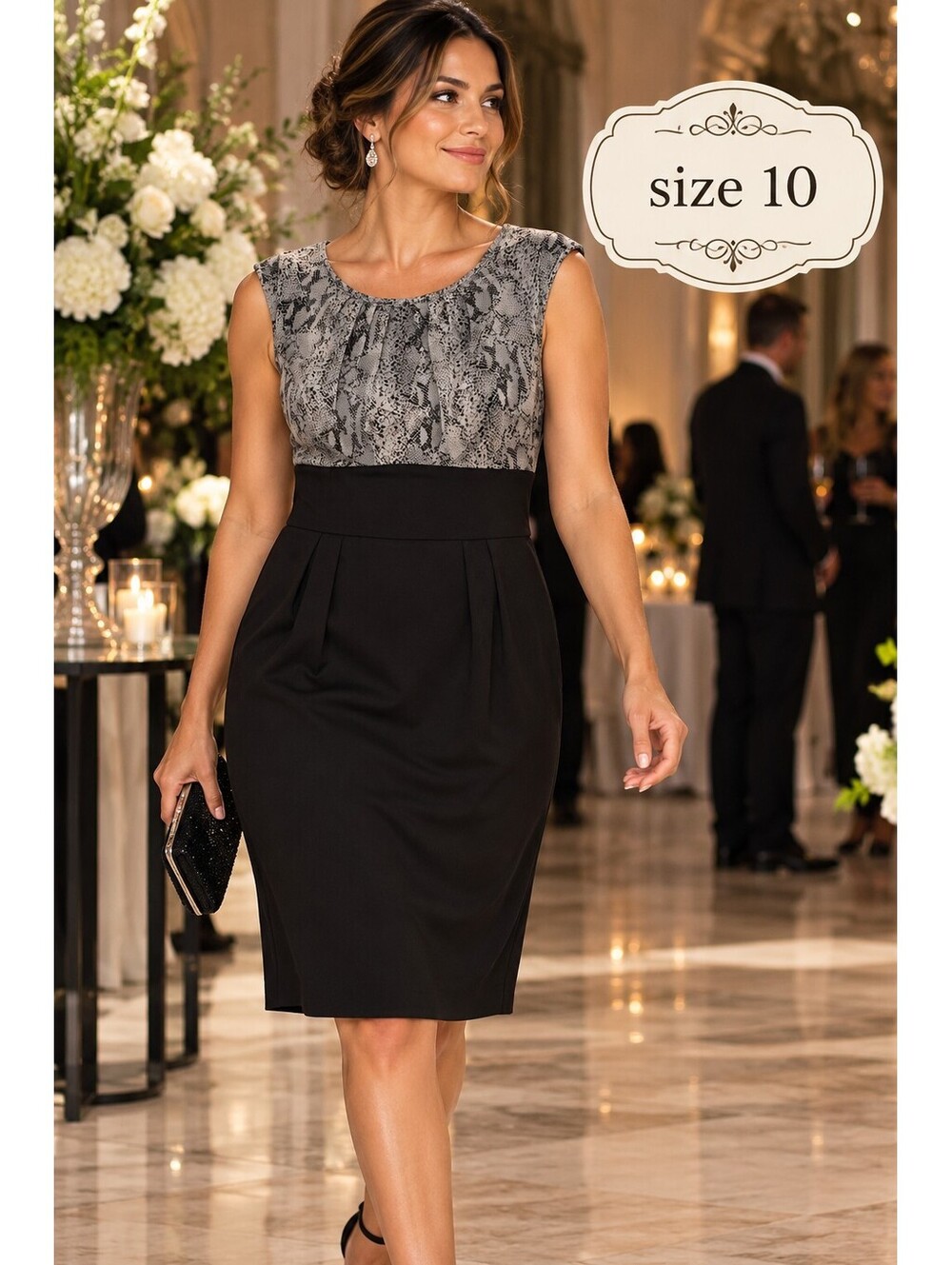AB Studio | 10 | Snakeskin Print Bodice Black Pleated Sheath Dress